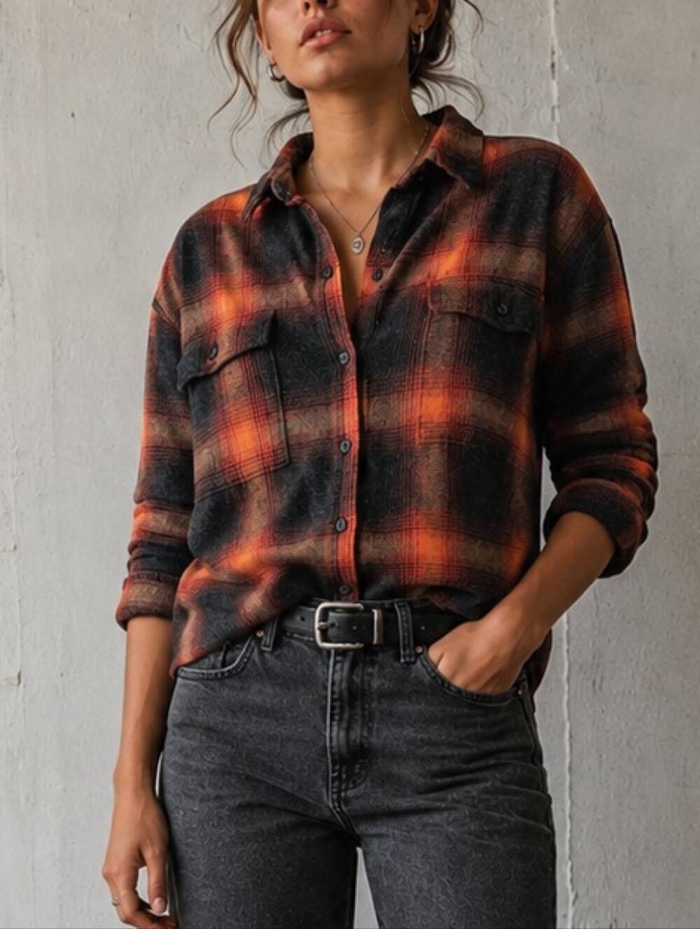 Old Navy Evermore Swiftie Boyfriend Orange Plaid Flannel Shirt M Cotton Casual - Picture 15 of 15